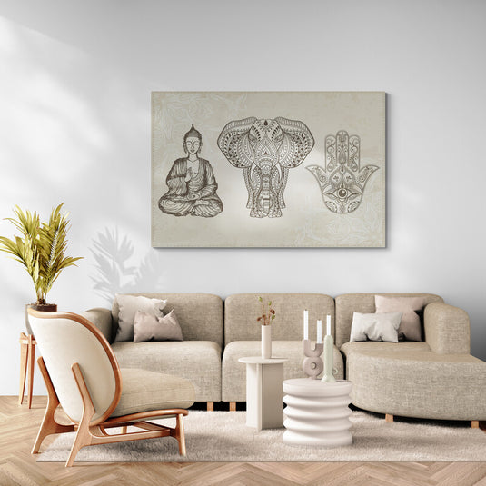 Arte espiritual con Buda, elefante mandala y mano de Hamsa