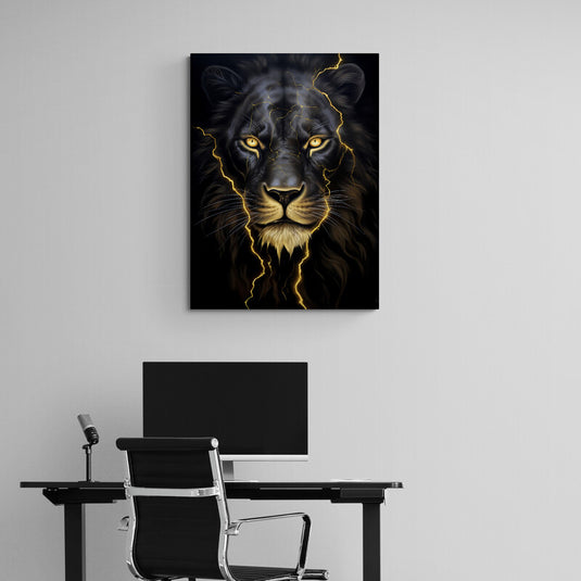 León negro con relámpagos dorados