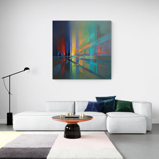 Cuadro abstracto geométrico con reflejos en tonos vibrantes