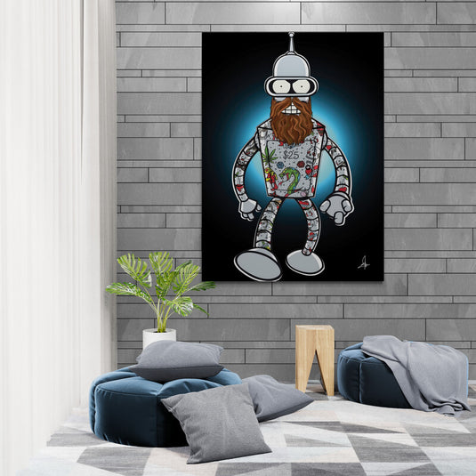 Cuadro decorativo moderno de robot con barba y estilo graffiti – arte pop futurista con fondo oscuro y detalles coloridos