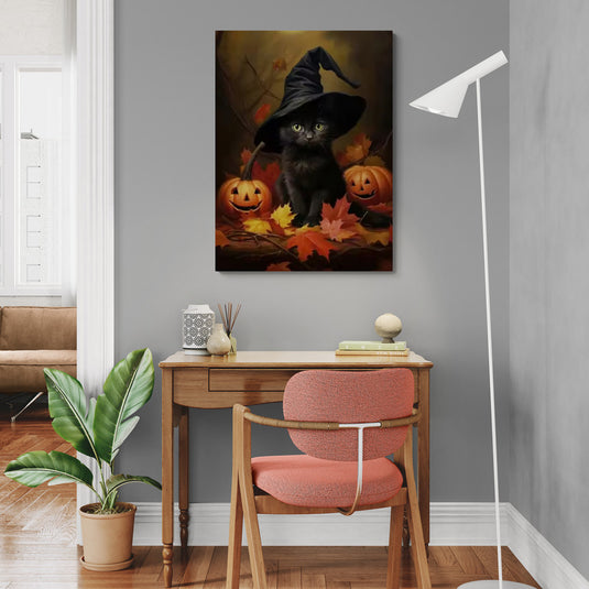 Cuadro decorativo Halloween gatito negro con sombrero de bruja y calabazas otoñales