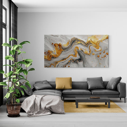 Cuadro abstracto en gris y amarillo con formas fluidas