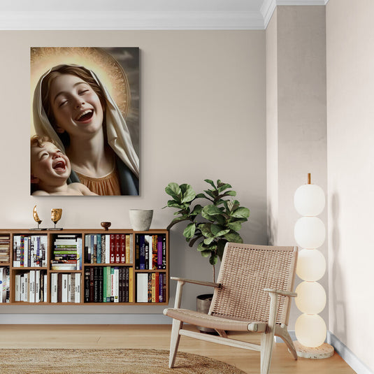 Madre y niño riendo en una escena celestial