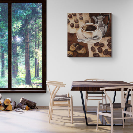 Pintura artística de una taza de café con cafetera metálica, granos de café, bombones y galletas, en tonos cálidos y estilo vintage para decoración de cocina o cafetería gourmet.