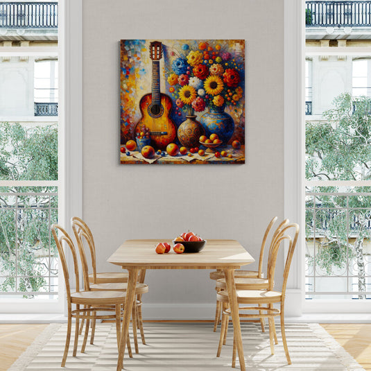 Pintura colorida de una naturaleza muerta con una guitarra, flores variadas y frutas.