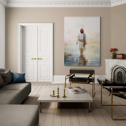 Jesús caminando sobre las aguas en un paisaje sereno.