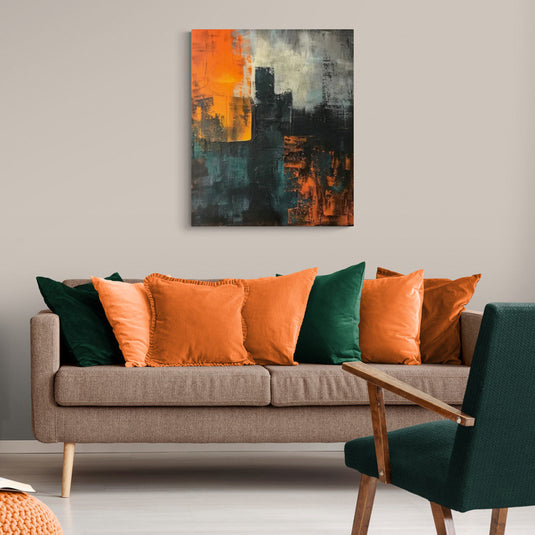 cuadro abstracto vertical con tonos naranjas y oscuros – arte moderno urbano estilo industrial para sala o estudio