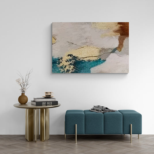 Cuadro decorativo abstracto horizontal con tonos turquesa y dorado estilo moderno elegante y textura artística contemporánea