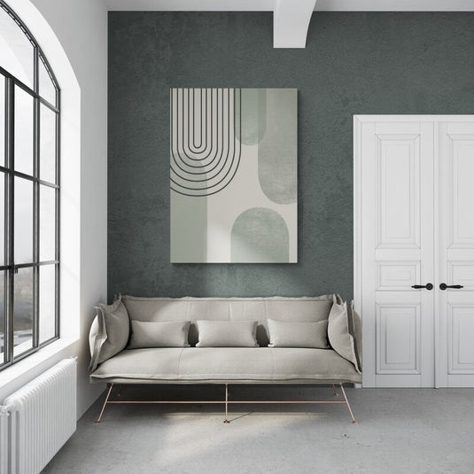 Cuadro geométrico en tonos verdes y grises con arcos y líneas.