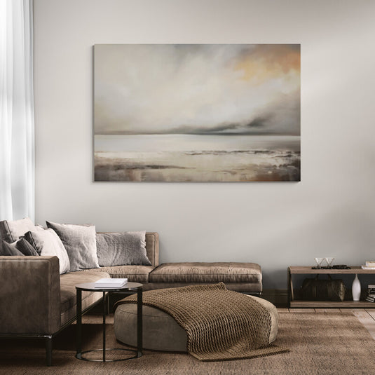 Cuadro decorativo de paisaje costero abstracto con cielo nublado en tonos cálidos y fríos estilo contemporáneo