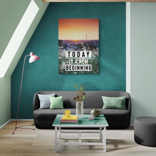 Póster con frase "Today is a New Beginning" y amanecer