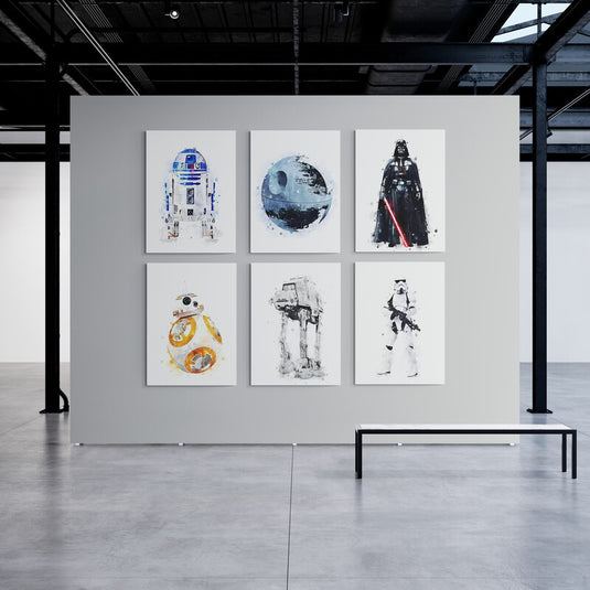 Set de cuadros decorativos estilo acuarela de Star Wars con personajes y elementos icónicos como Darth Vader, R2-D2, BB-8 y la Estrella de la Muerte – arte moderno para fanáticos de la saga