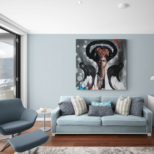 Pintura surrealista de mujer con peinado elaborado, flores y monos