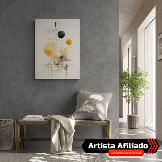 Composición Geométrica con Círculos y Manchas Acuareladas en Tonos Neutros