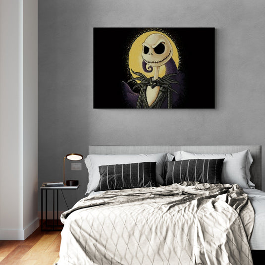 Cuadro decorativo de Jack Skellington con fondo amarillo gótico - arte inspirado en El Extraño Mundo de Jack