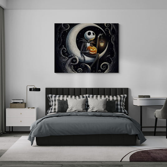 Cuadro decorativo de Jack Skellington con calabaza y farol sobre luna creciente - arte inspirado en El Extraño Mundo de Jack