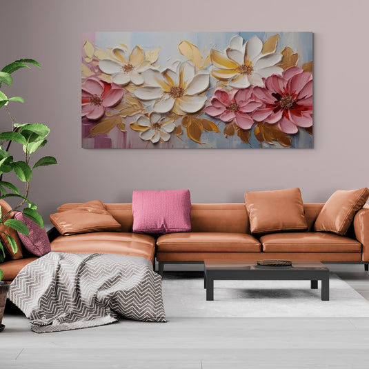 Cuadro floral con textura y relieve, estilo contemporáneo y sofisticado.