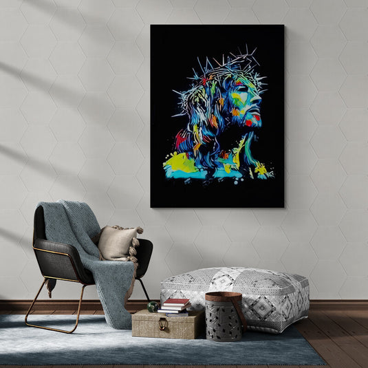 Arte moderno de Jesús en colores neón con corona de espinas"