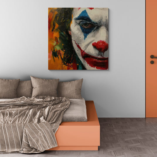 Cuadro decorativo del Joker en estilo expresionista con colores intensos y textura al óleo arte contemporáneo emocional y dramático