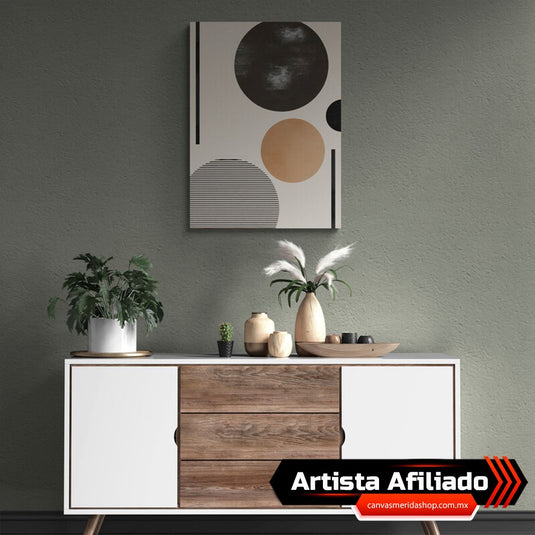 Composición Abstracta con Círculos Texturizados y Líneas Verticales en Tonos Neutros