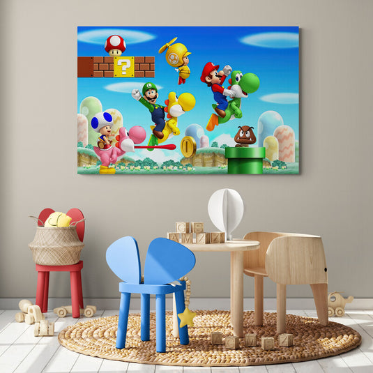 Cuadro decorativo Super Mario Bros con Luigi, Yoshi y Toad en escena colorida para habitación infantil