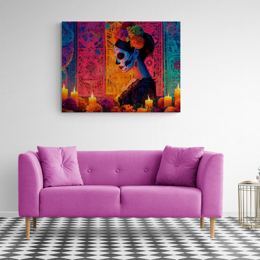 Cuadro decorativo de Catrina mexicana con flores y velas para Día de Muertos en colores vibrantes