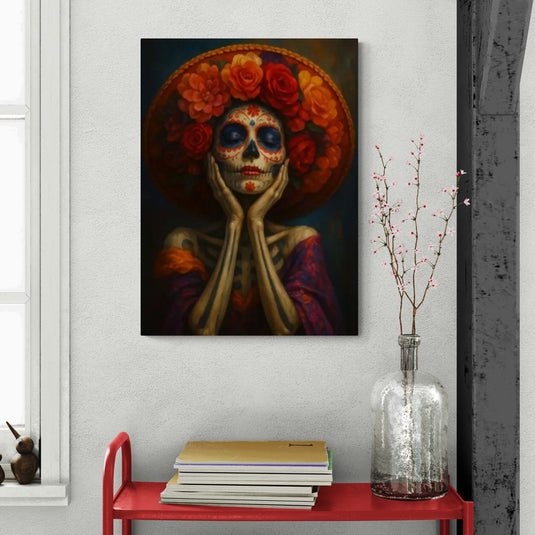 Retrato de La Dama del Recuerdo – calavera de Día de Muertos con flores rojas y sombrero tradicional