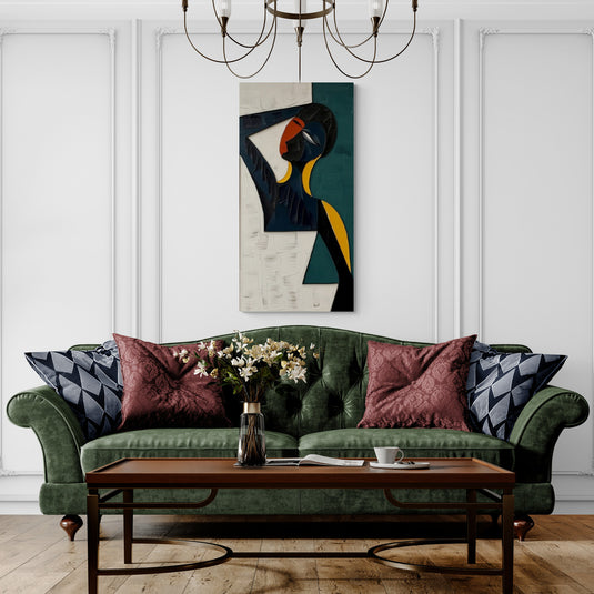 Cuadro decorativo abstracto de figura femenina geométrica en tonos oscuros