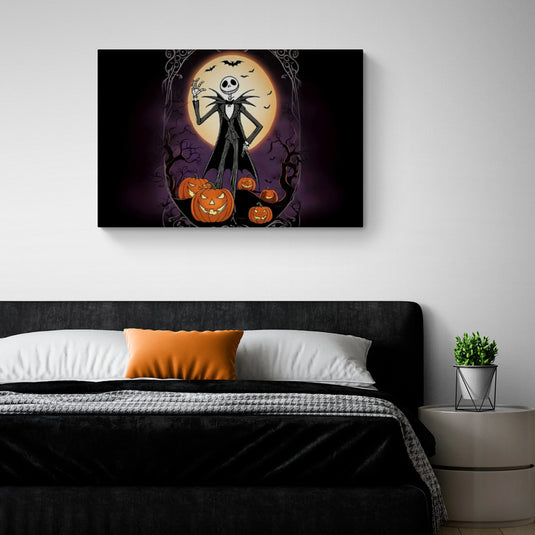Cuadro decorativo de Jack Skellington en Halloween con calabazas y luna llena