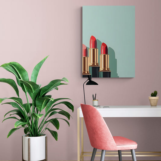 Cuadro de barras de lápiz labial en tonos rojos sobre fondo verde menta.