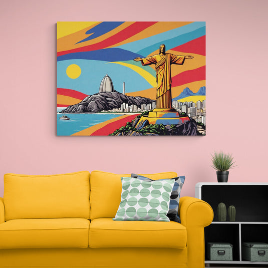 Redentor en Río de Janeiro con fondo abstracto de sol y ondas de color