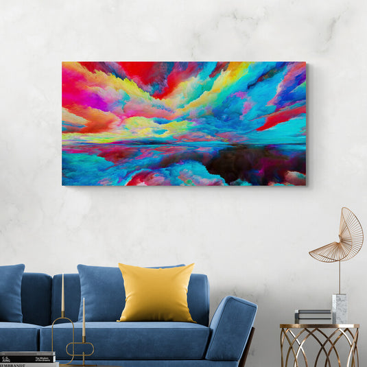 Cuadro abstracto de colores vibrantes con un paisaje surrealista