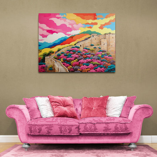 Interpretación artística colorida de la Gran Muralla China entre nubes esponjosas y un paisaje de árboles en tonos pastel