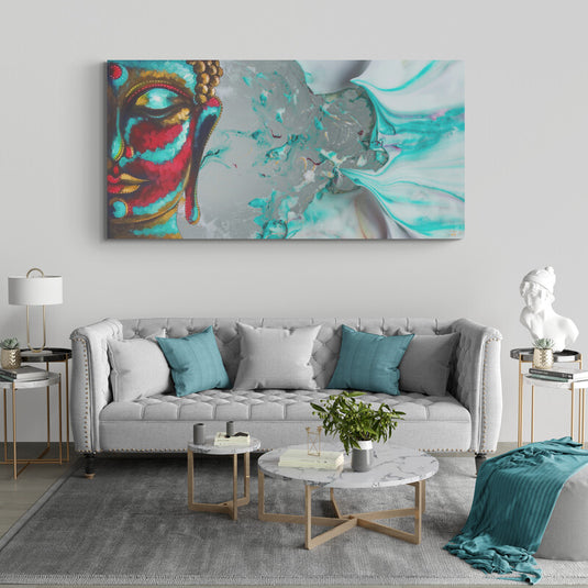 Rostro de Buda con fondo abstracto en colores vibrantes y fluidos.