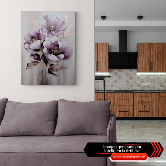 Flores Moradas Grandes en Fondo Gris con Toques Dorados - Elegancia Floral