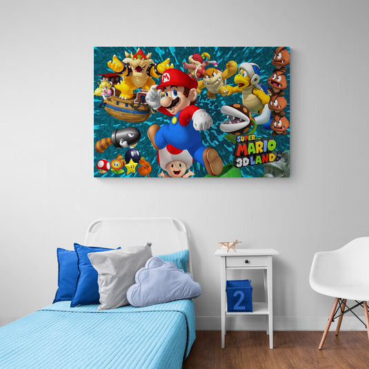 Cuadro decorativo Super Mario 3D Land en habitación infantil moderna – Arte gamer colorido