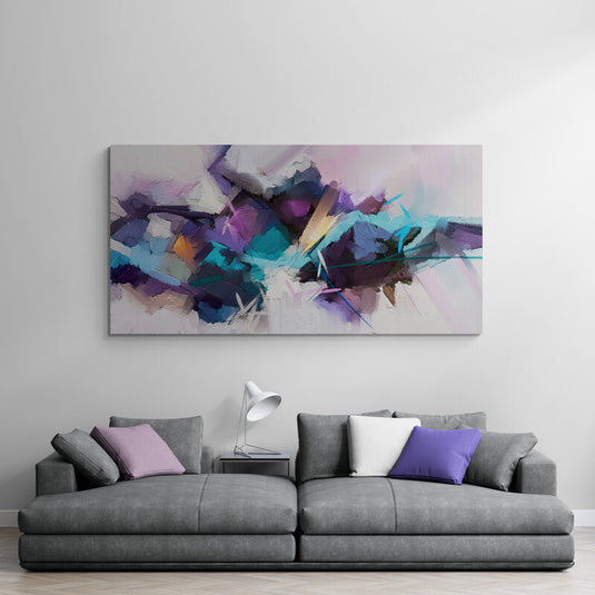 Cuadro abstracto en tonos morado, turquesa y azul con formas geométricas