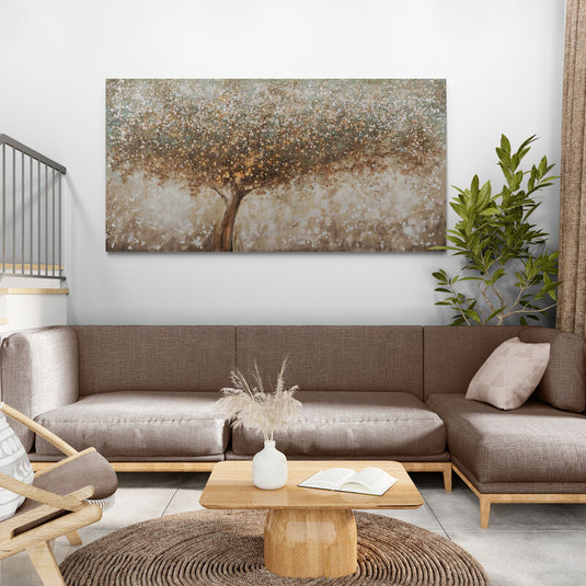 Árbol abstracto en tonos café con toques de verde y blanco