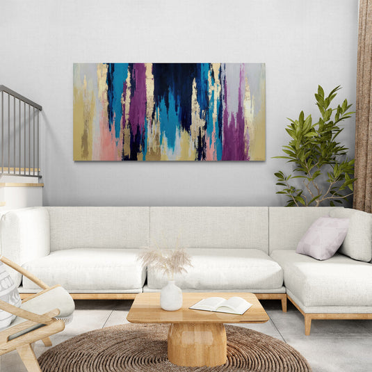 Cuadro abstracto en tonos vibrantes morado, azul y dorado