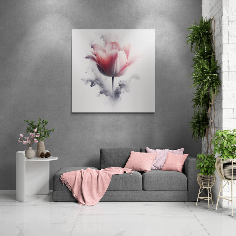 Tulipán etéreo desvaneciéndose en humo en tonos suaves de rosa y blanco