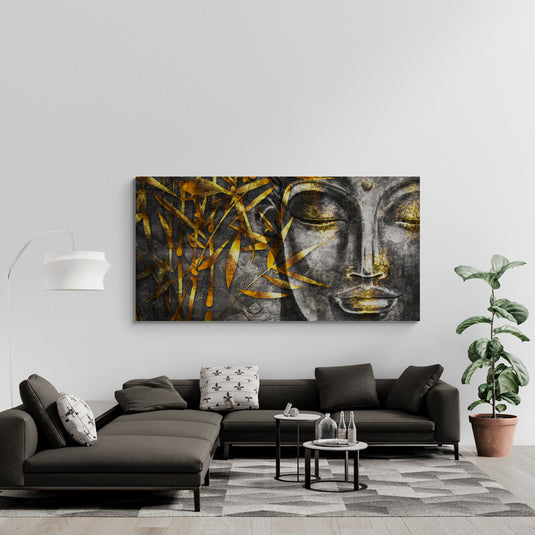Retrato texturizado de Buda con hojas doradas sobre fondo oscuro