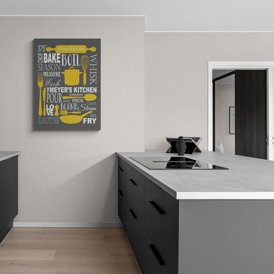 Decoración cocina tipografía utensilios amarilla