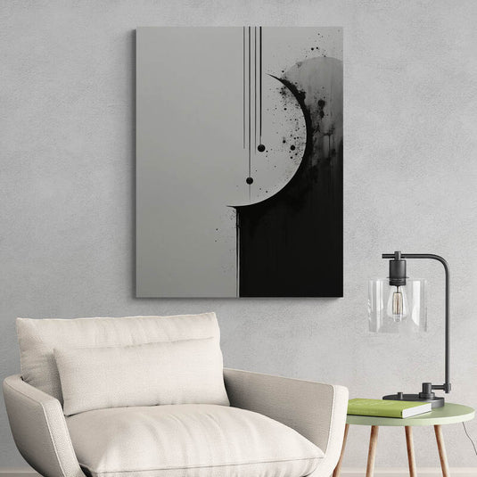 Cuadro abstracto con formas geométricas y manchas oscuras.