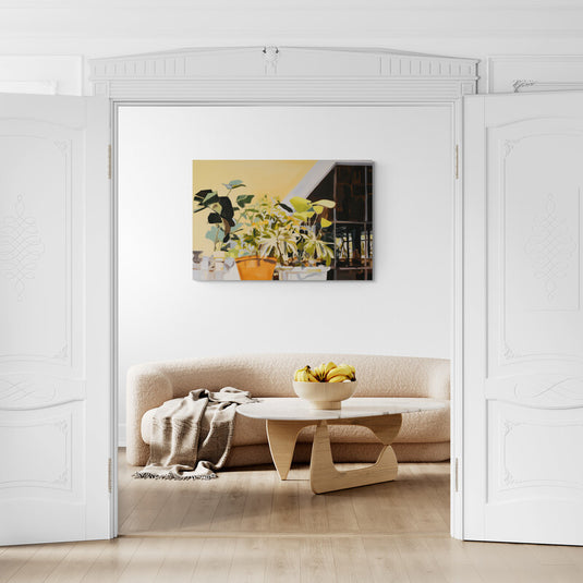 Pintura de plantas en interior de estudio con luz natural y macetas terracota