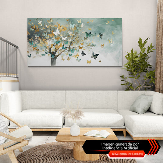 Cuadro_decorativo_árbol_con_mariposas_como_hojas_colores_dorado_oscuro_blanco_turquesa_oscuro_negro_fondo_blanco_verde_turquesa
