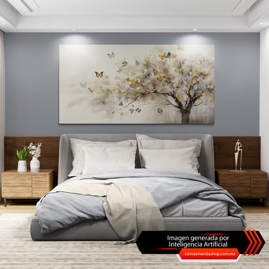 Cuadro decorativo de árbol con tronco café sobre fondo acuarela en tonos de gris y café, mariposas café, azul y gris