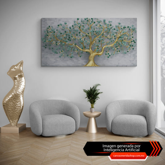 Cuadro_decorativo_árbol_tronco_amarillo_dorado_fondo_gris_ramas_largas_hojas_verdes_forma_flor
