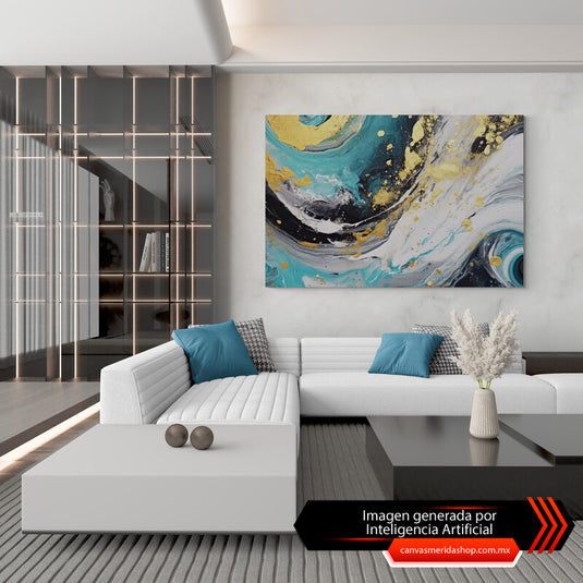 Cuadro abstracto en turquesa, dorado y negro.