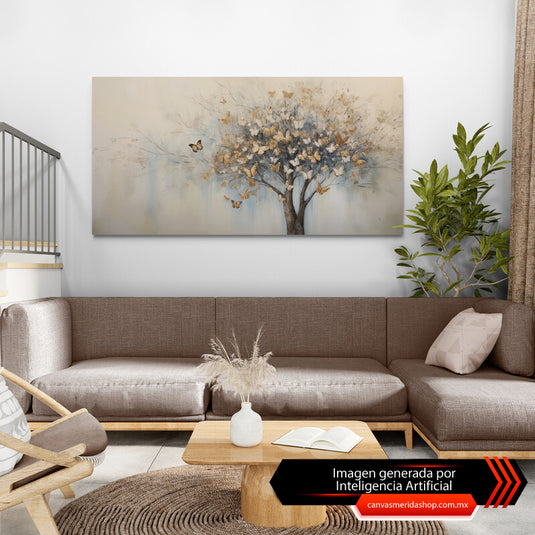 Cuadro_decorativo_fondo_crema_azul_bajo_árbol_café_tonalidad_fría_con_mariposas_amarillas_doradas_tonalidades_frías