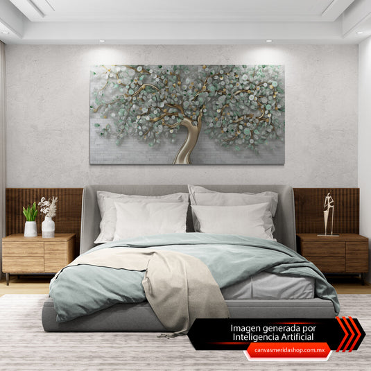 Cuadro_decorativo_árbol_frondoso_hojas_verde_frío_tonalidades_frías_fondo_gris